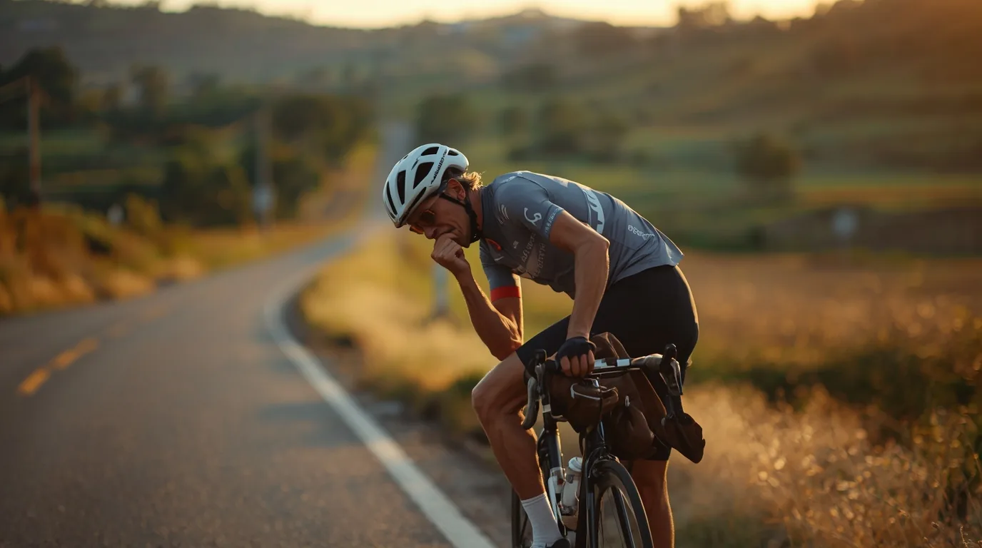 Ciclista parado al costado de la ruta estirando la pierna por un calambre